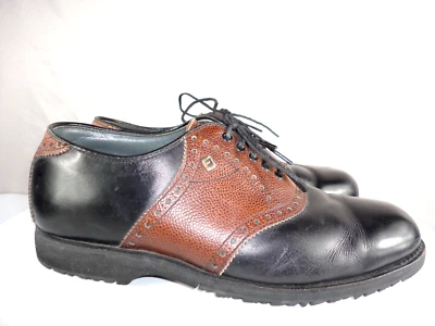Footjoy 经典高尔夫鞋全皮革黑色/棕色马鞍男式 7.5E 码 — 第 1/4 张图片