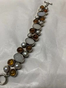 Starborn Creations Sterlingsilber Perle Druzy Quarz Bernstein Gliederarmband - Bild 1 von 7