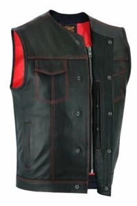 Mens Motorcycle Collarless Red Liner Premium Cow hide leather vest 2 gun pockets - Picture 1 of 5