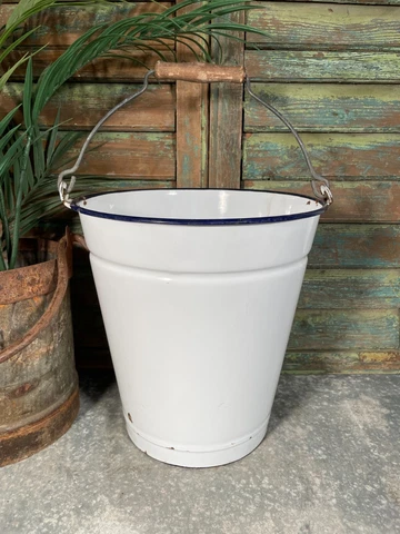 Vintage French White Rustic Hanging Enamel Milking Bucket Garden Planter Tub Cover