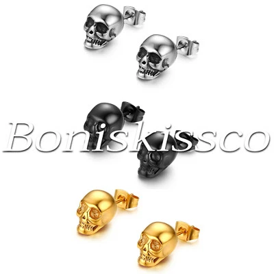 2件装男式朋克复古嘻哈不锈钢头骨穿孔耳钉耳环 — 第 1/2 张图片