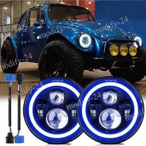 Pair 7" Inch Round LED Headlights Hi/Low Beam Blue DRL fit VW Beetle 1950-1979 - Picture 1 of 14