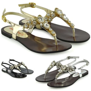 Womens Sparkly Diamante Slingback Sandals Ladies Flat Summer Holidays Shoes Size - Picture 1 of 9