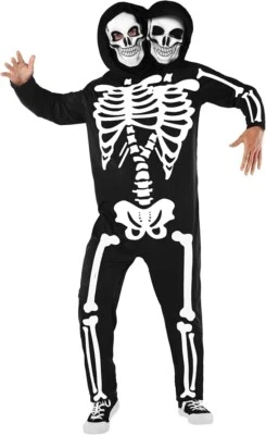 Adult 2 Headed Skeleton Costume Men`s Women`s Scary Halloween Double Head Suit - Image 1 of 4