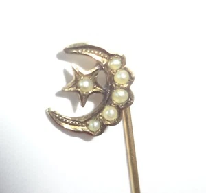Antique 10K Yellow Gold Crescent Moon & Star Seed Pearl Stick Pin - Picture 1 of 6