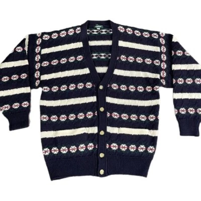 Cardigã suéter vintage masculino lã azul marinho ilha justa Natal vovô M - Imagem 1 de 4