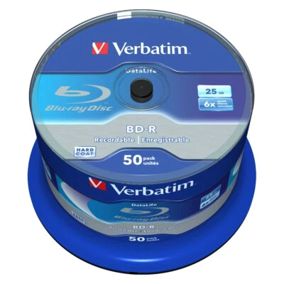 50 BD-R SL Verbatim Datalife 25GB 6x Blu-ray Hard Coat Cake Box 43838