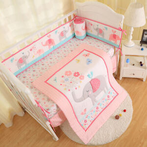 7PCS Girl Baby Bedding Set Nursery Elephant Bella Quilt Bumper Infant Crib Skirt