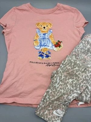 Niñas Ralph Lauren Polo Oso Rosa Camiseta Conjunto Con Leggings 6T Conjunto Foto 1 de 4