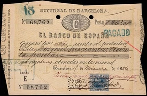 1886.Barcelona.Orden de pago.Banco de España.Timbre movil 10 cts azul - Imagen 1 de 2