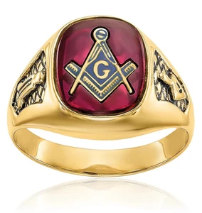 10K Solid Yellow Gold Mens Black Lab Ruby Masonic Ring - Picture 1 of 110