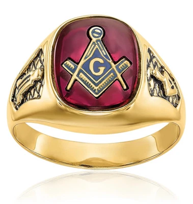 10K Solid Yellow Gold Mens Black Lab Ruby Masonic Ring - Image 1 of 4