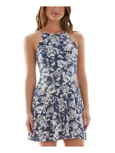 BCX Womens Blue Floral Spaghetti Strap Halter Short Party Fit + Flare Dress S - Picture 1 of 8