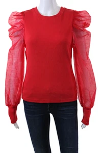 Dolan Womens Ribbed Crew Neck Puff Long Sleeve Blouse Top Bright Red Size S - Picture 1 of 6