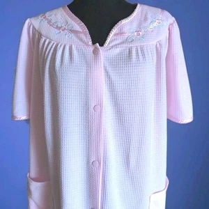 Adonna Waffle Knit Duster Housecoat Sz S Pink Snap Front Short Sleeve Wmns EUC - Picture 1 of 7