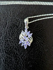 🪻NATURAL LAVENDER TANZANITE 925 STERLING DAINTY MARQUISE FLOWER CLUSTER PENDANT - Picture 1 of 7