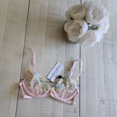 For Love & Lemons Pastel Pink & Blue Sheer Embroidered Lingerie Bra size XXS NWT - Image 1 of 2