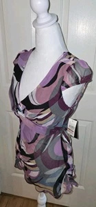 NWT Y2K Vtg. BCX Clubwear Top Purple Geometric Tied Back Sheer Blouse Large - Picture 1 of 9