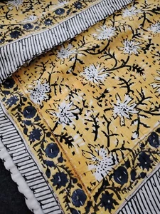King Size Indian Cotton Green Yellow Kantha Handmade Quilt Bedspread Blanket - Picture 1 of 13