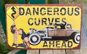 Dangerous Curves metal poster hotrod Busty hot girl garage bar tin sign decor - Picture 1 of 5