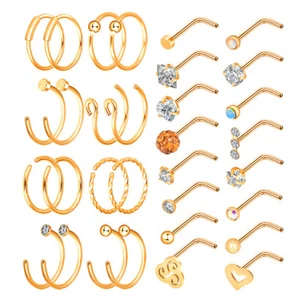 32PCS Nose Hoop Rings L Shaped Pin Studs 20G Surgical Steel Piercing Jewelry Set - Picture 1 of 23