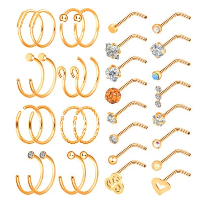 32PCS Nose Hoop Rings L Shaped Pin Studs 20G Surgical Steel Piercing Jewelry Set - Image 1 of 4