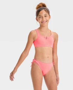 Girls’ Classic Ribbed Solid Bikini Set - Art Class Coral Orange M 8 NEW - Picture 1 of 4