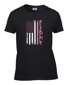 Ladies Breast Cancer Awareness Pink FIGHT Flag T-Shirt Women's Tee - Picture 1 of 9