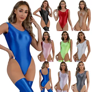 Women's Stretchy High Cut Bodysuit Oil Glossy Thong Leotard One Piece Swimwear - Picture 1 of 81
