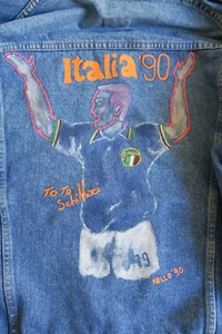 TOTO Salvatore Schillaci 1990 Vintage VALENTINO Jean Chaqueta FÚTBOL Grande Raro - Imagen 1 de 7