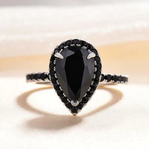 2Ct Pear Cut Black Lab created Sapphire Halo Engagement Ring 925 Sterling Silver - Picture 1 of 4