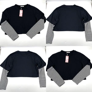 NWT Romwe Black Tee Black & White Striped Long Sleeve Crop Top Size L 8/10 Emo - Picture 1 of 11