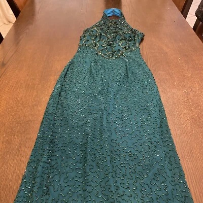 VTG Caché Emerald Green Silk Beaded Gown Size 4 - Image 1 of 4