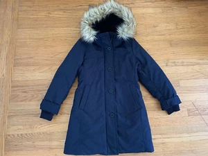 Parka cappotto corto piumino ultra caldo donna Uniqlo nuovo con etichette giacca cappuccio pelliccia blu navy - Foto 1 di 6