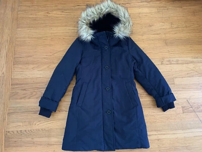 Casaco parka curto com capuz de pele azul marinho Uniqlo feminino tamanho XS ultra quente novo com etiquetas - Imagem 1 de 4