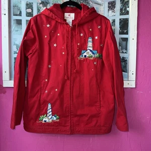 Quacker Factory Lightweight Denim Jacket Red Size Medium Hooded Lighthouses - Picture 1 of 17