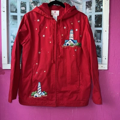 Quacker Factory Lightweight Denim Jacket Red Size Medium Hooded Lighthouses - Image 1 of 4
