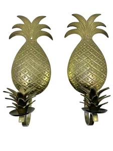 Brass Pineapple Shaped Wall Sconce Candle Holders With 3D Leaves Set of 2 - Picture 1 of 7