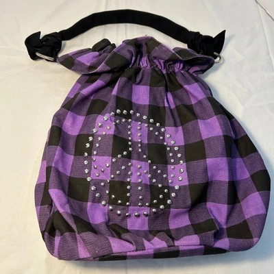 Bolso Cartera Púrpura Negro Búfalo Cuadros Signo de la Paz Adornado con Cordón Foto 1 de 4