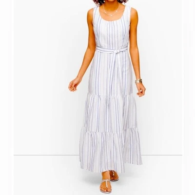 Maxi Vestido Talbots Lino Algodón Rayas Forrado en Niveles Sin Mangas Azul Blanco 2 NUEVO Foto 1 de 4
