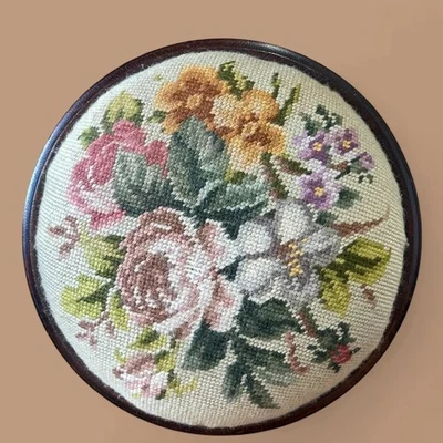 Vintage Round Floral Needlepoint Footstool Sapele Wood Tapestry Low Stool - Image 1 of 4