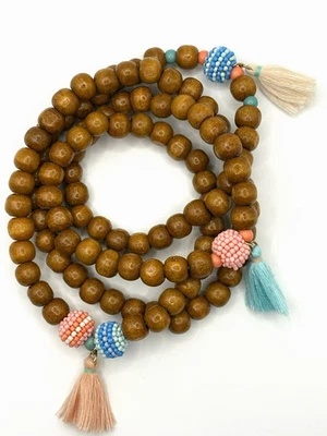 Коричневый деревянный розовый и синий акриловый мини бусина кисточки подвески Мала ожерелье 38 дюймов - Изображение 1 из 4