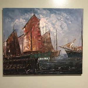 Quadro impressionista nave marina su tela firmato da Burne *difetti* 24 x 20 arte - Foto 1 di 13