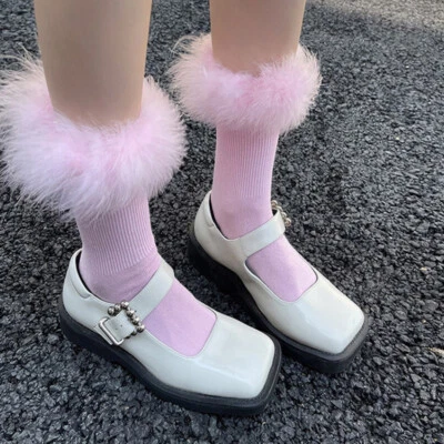 1Pair Lady Faux Fur Trim Mid Calf Length Socks Dancewear Comfy Casual Cute Chic - Image 1 of 4