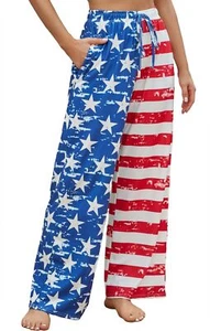 Women's American Flag Pajama Pants Lounge Pants Casual Wide Leg Stretch Draws... - Picture 1 of 4