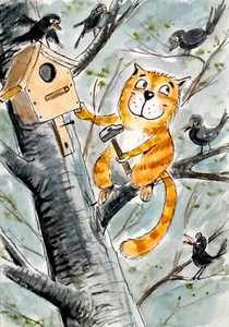 NEW! ACEO Cat Painting big CAT, birds Original watercolor Collectible Art - Picture 1 of 4