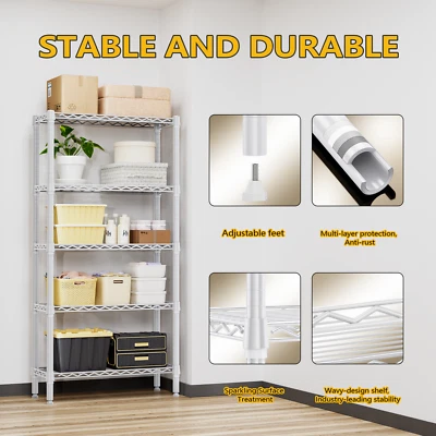 5 Tier Wire Shelving Baker Pantry Kitchen Storage Shelves Rack 12"*30"*60" White - Image 1 of 4