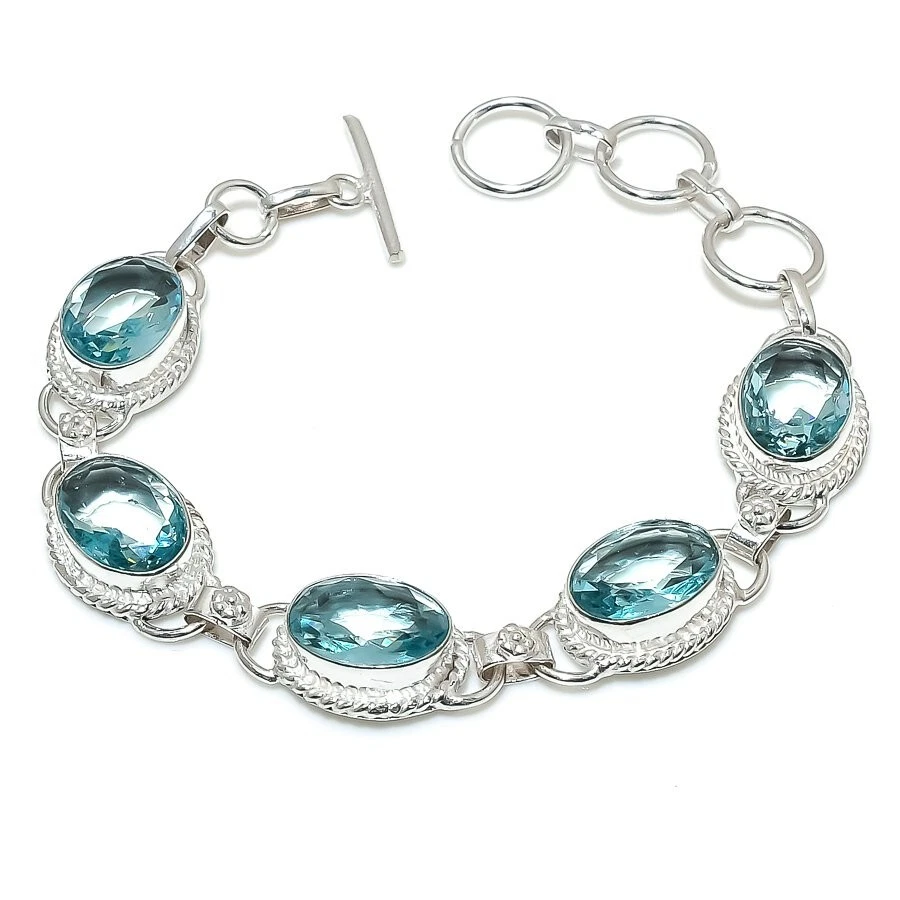 Aqua Aquamarine Gemstone Handmade 925 Sterling Silver Jewelry Bracelet Size 7-8" - Image 1 of 1