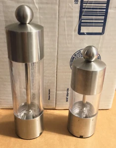 set @ 2 Peugeot Freres Lion France Salt Pepper Grinders Stainless Acrylic Reims? - Picture 1 of 8