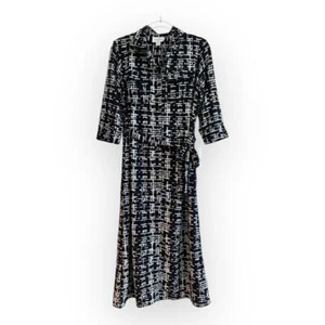 NWT Donna Morgan Crepe Shirt Dress Size 8 Black White Tie Waist Collar Geometric - Picture 1 of 14